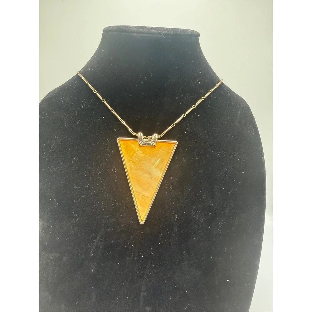 Gold Tone Large Triangle Iridescent Amber Shell Inlay Statement Necklace
